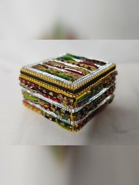 Two's Company Mosaic Glass Bangle Jewelry Box Multi-Color India Handmade 3x3"